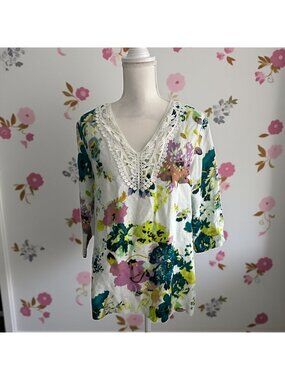 PREMISE Floral Linen Blend Tunic Top Size Small